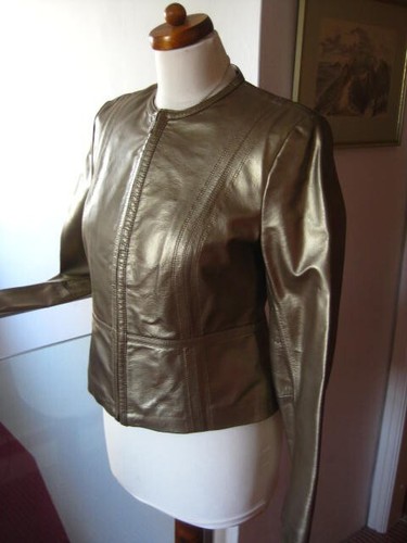 M&S gold leather JACKET COAT metallic 14 slim fit bolero cropped real party - Picture 16 of 20