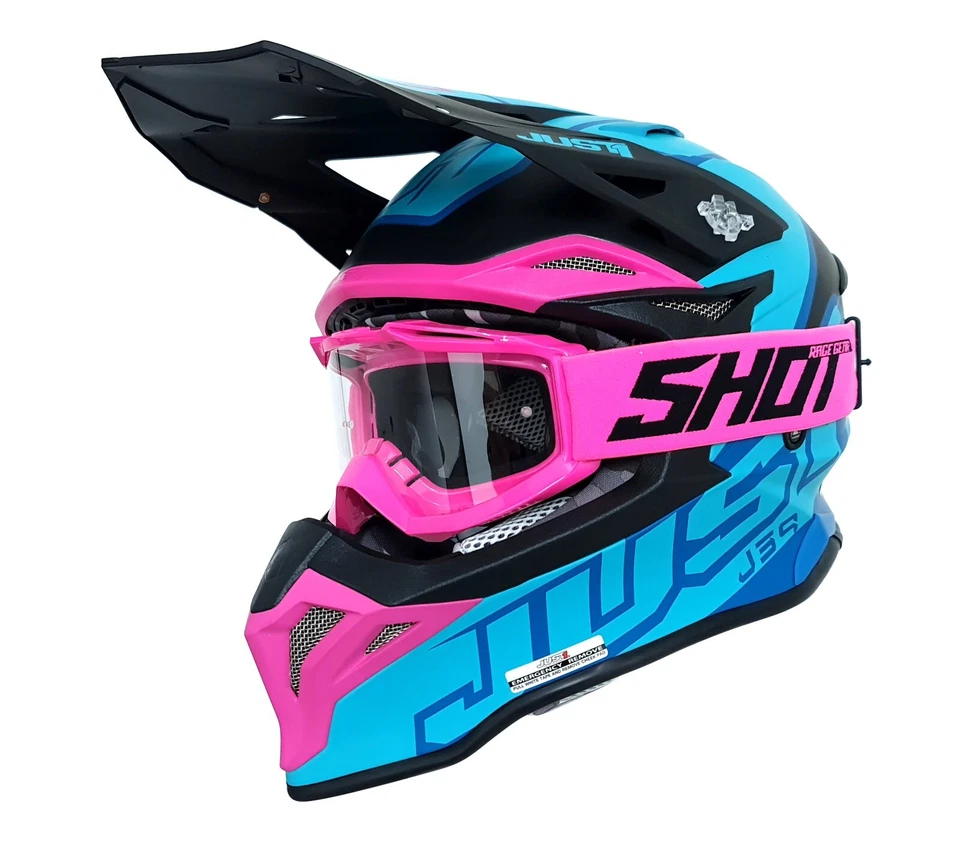 Just1 J39 Motocross Helmet Thruster Petrol Blue Neon Pink ECE22.06 FREE GOGGLES