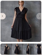 Ulla Johnson Bella Satin Tiered Black Swing Dress Women's 6 Medium