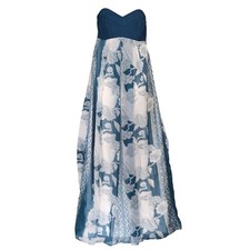 Charlotte Russo Sz L Strapless Babydoll High Waist Blue Floral Sheer Maxi Dress