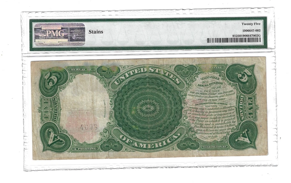 25 PMG 5 Dollars 1907 United States Banknote Large Size Small Red Scalloped # 91 - Image 2 of 4