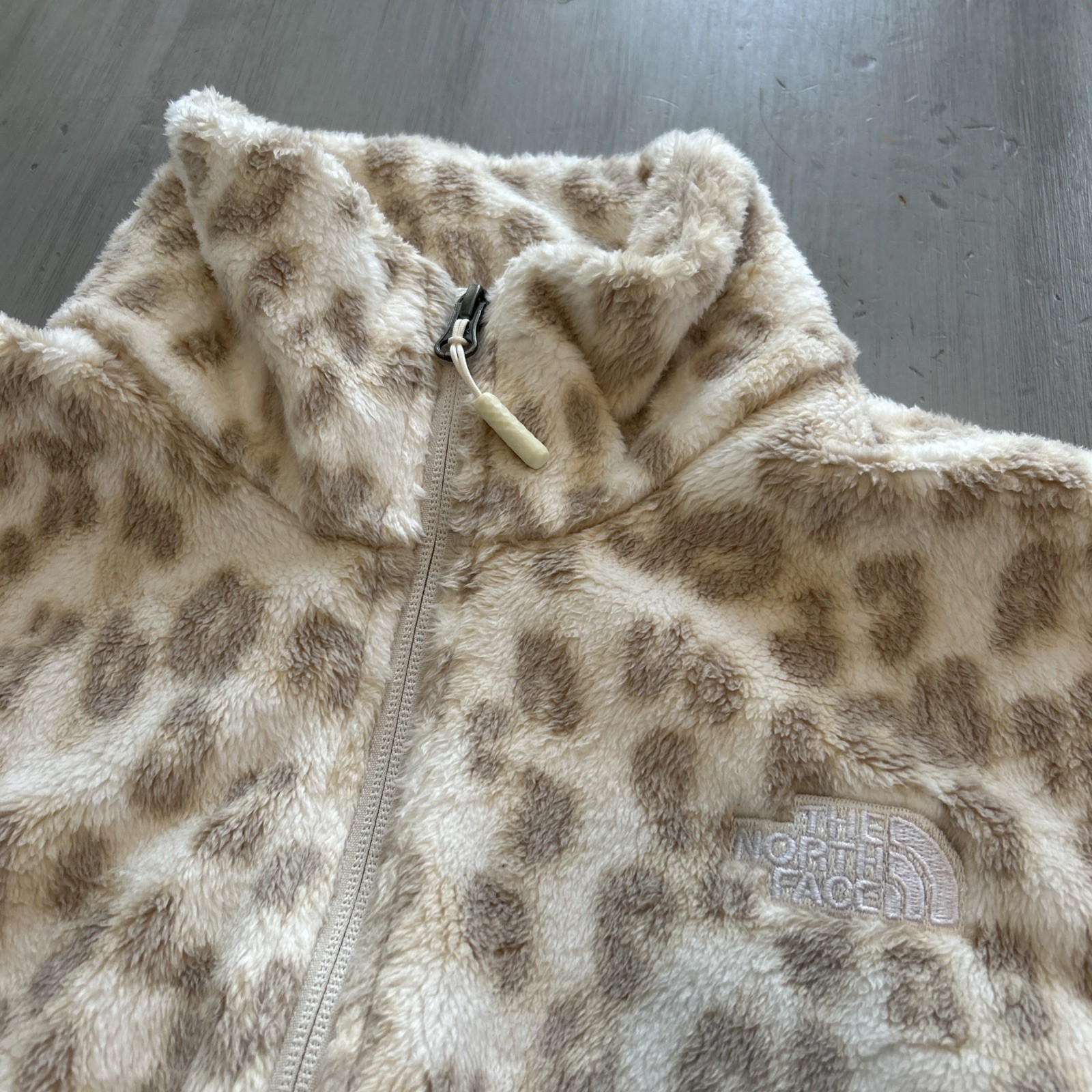 The North Face Cream Tan Leopard Print Osito Fleece Full Zip Women's Sz L