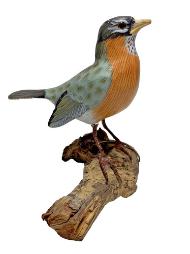 American Robin on Driftwood Log Glass Eye Hand Painted Wood Carving