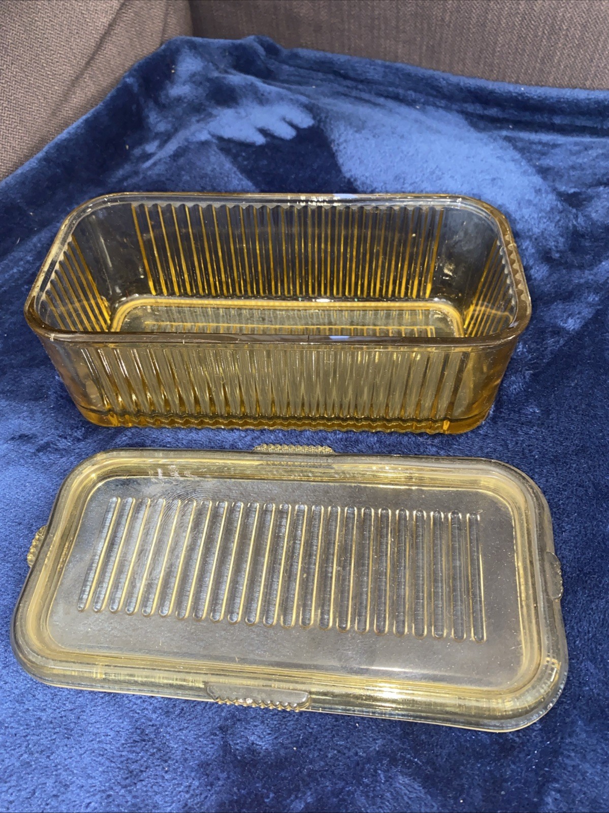 Federal Amber Glass Ribbed Refrigerator Dish W/ Matching Lid Vintage