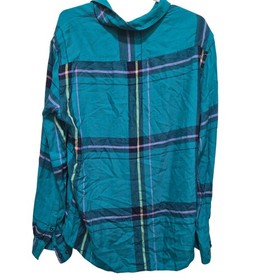 NUON Slim Fit Plaid Button Front Shirt XL Teal Blue Purple Viscose