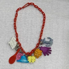 Charm Necklace With 8 Charms Vintage 80s Clip Bell Charms, Red Chain
