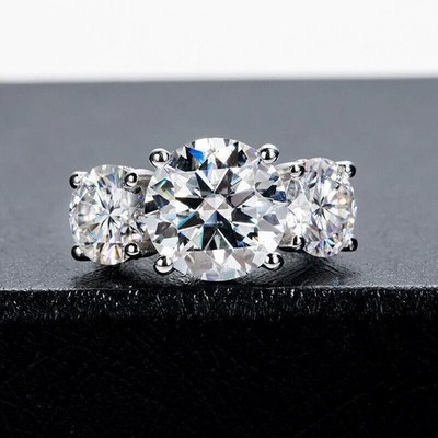 Real Moissanite 4CTW Round Cut Three Stone Engagement Ring 14k White Gold Plated