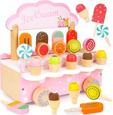 Wooden Play Toys for Toddler Girls 3-5 - Ice Cream Truck Cart Pretend Toys for K