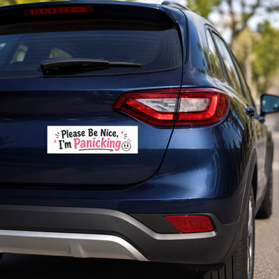 Please Be Nice I m Panicking Car Magnet   Funny Pink & Black Bumper Magnet