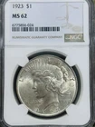 1923 Silver Peace Dollar $1 - NGC MS62 - Philadelphia Beautiful White Blazer