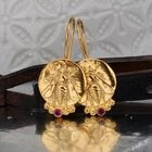Omer 925 k Silver Red Topaz Bee Coin Gold Earrings Artisan Turkish Jewelry