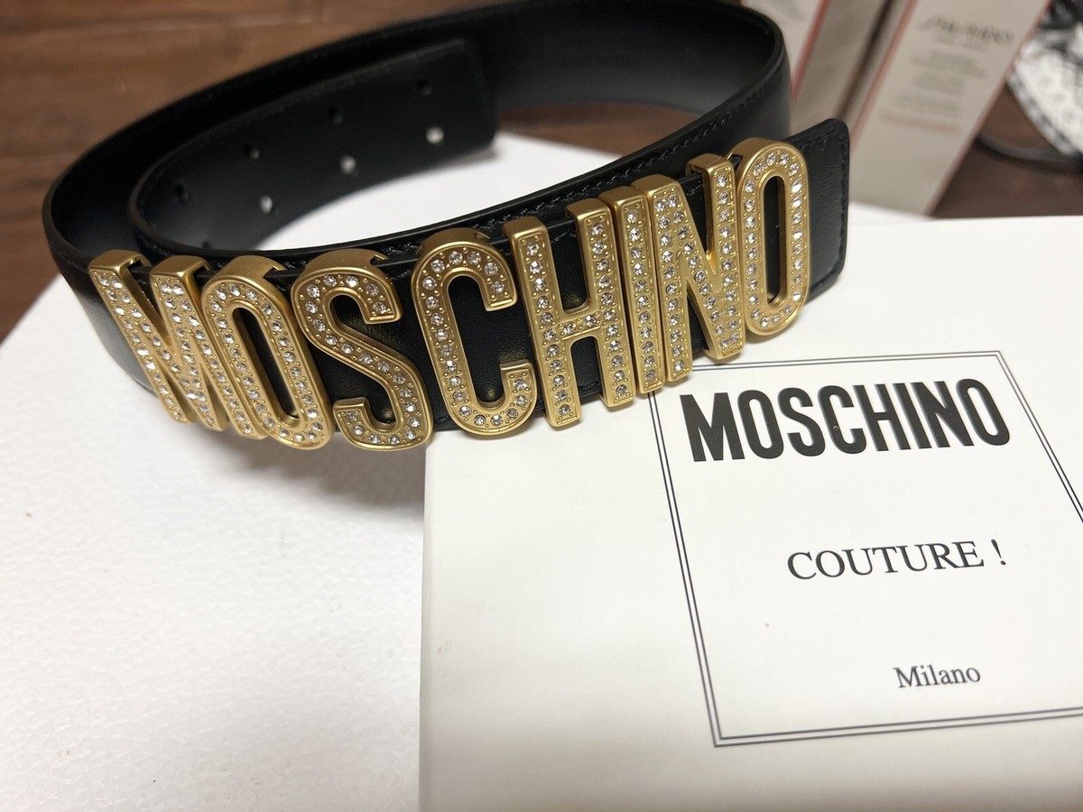 Moschino Logo Embellished Leather Belt Women's, Size 75