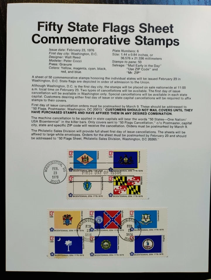 1976 50 US States Flags Sheet Commemorative Stamps,MH,OG - Image 4 of 4