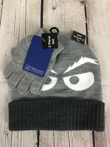 BOYS BERKSHIRE ANGRY FACE GRAPHIC DESIGN WINTER BEANIE HAT & GLOVE SET, GRAY - Picture 2 of 3