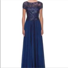 La Femme 27924 Blue Floral Lace and Satin Gown 2