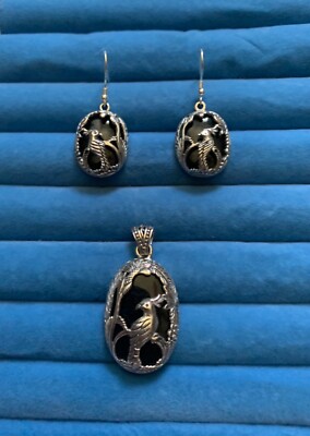 BALI LEGACY Black Jade Kokatu Earrings and Pendant in Sterling Silver