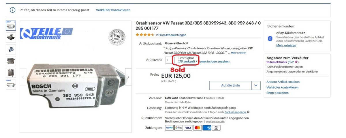 Crash sensor VW Passat 3B2/3B5 3B0959643, 3B0 959 643 / 0 285 001 