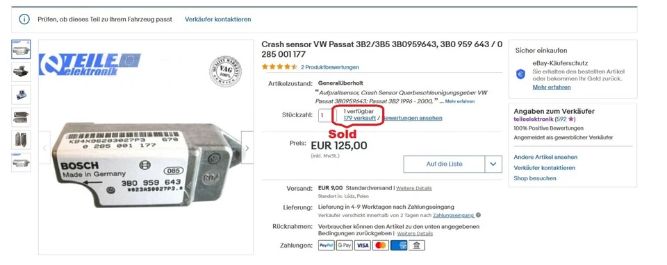 ⭐⭐⭐⭐⭐ Sensore crash VW Passat 3B2/3B5 3B0959643, 3B0 959 643 / 0 285 001 177 - Immagine 2 di 3