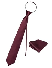 Men's Tie Set Solid Color Adjustable Zipper Neck Tie 8cm Satin Tie and Burgundy