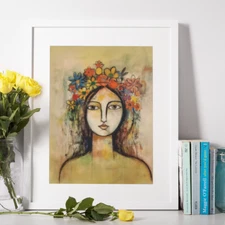Floral Crowned Beauty Art Print - Modern Bohemian Wall Decor, Brown Eyes Female