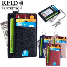 Men Women Leather Small ID Credit Cards Holder Wallet Slim Purse with Key Chain