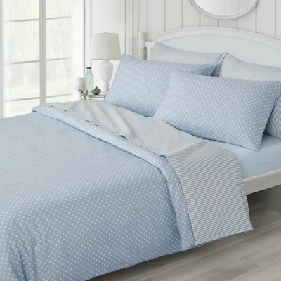 JANSONS DIRECT LINENS 100% Brushed Cotton Spots & Stripes Design Duvet Cover in Blue & White King Size
