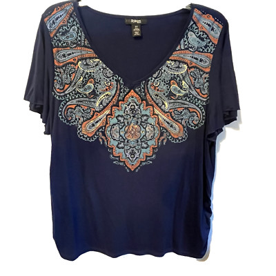 Style & Co Womens Plus 3X Top Shirt V-neck SS Blue w Colorful Paisley Print
