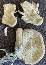 Antique Doll Booties And Bonnet For Antique Bisque or Vintage Doll