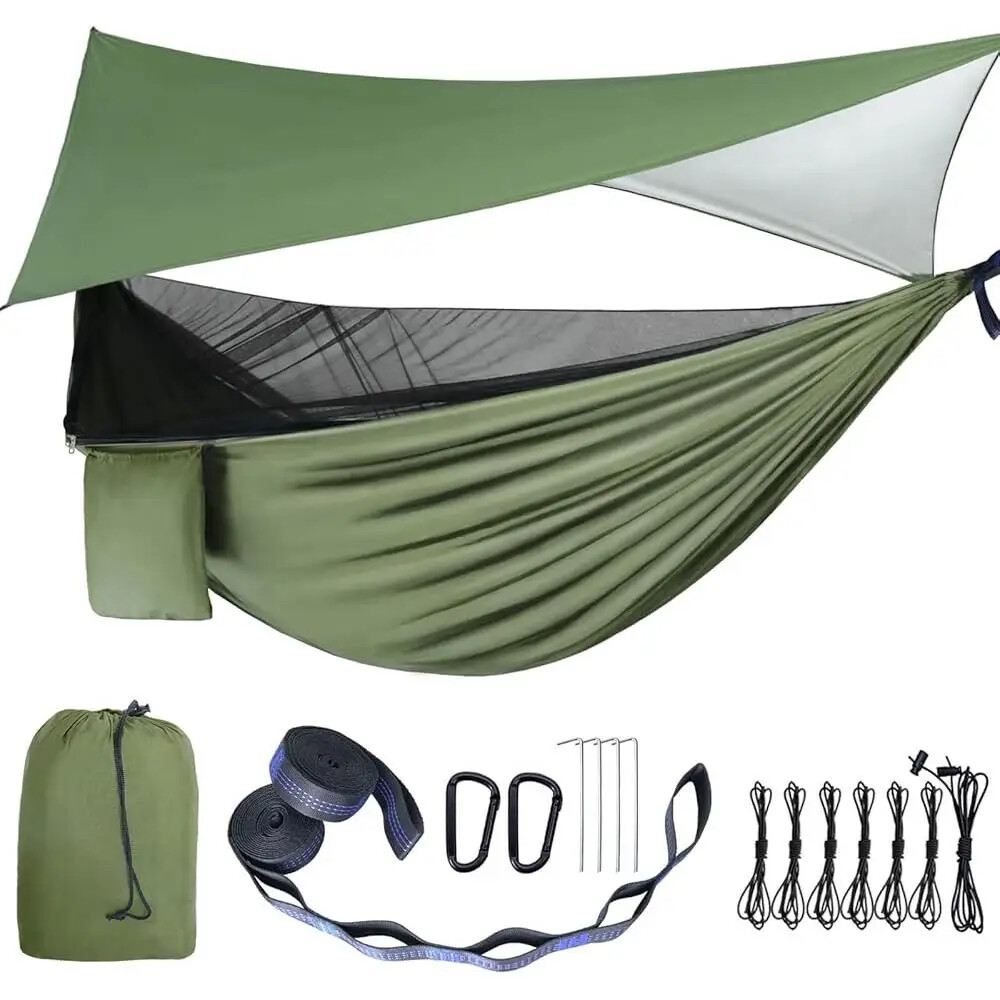 Outdoor Camping Hammock with Rainfly, Mosquito Net, Paracord & Portable Shelter