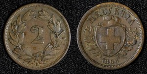 Switzerland Bronze 1866 B 2 Rappen Bern Mint VF  KM# 4.1 (28 551)