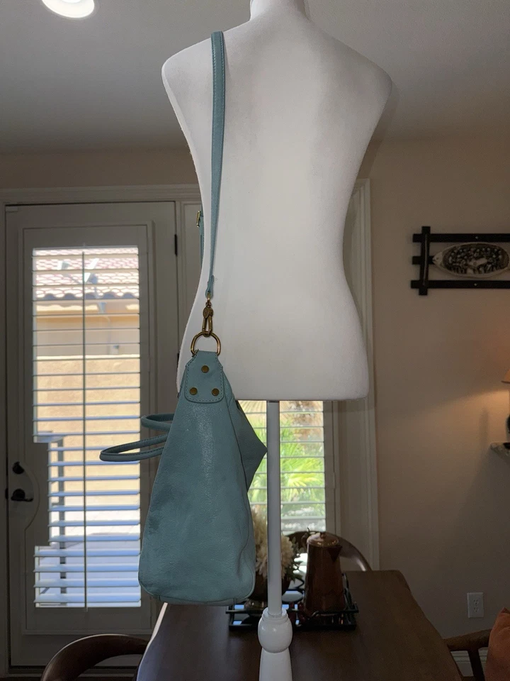 Hobo International Aqua Blue Leather Shoulder Crossbody Bag Boho Satchel Tote - Image 4 of 4