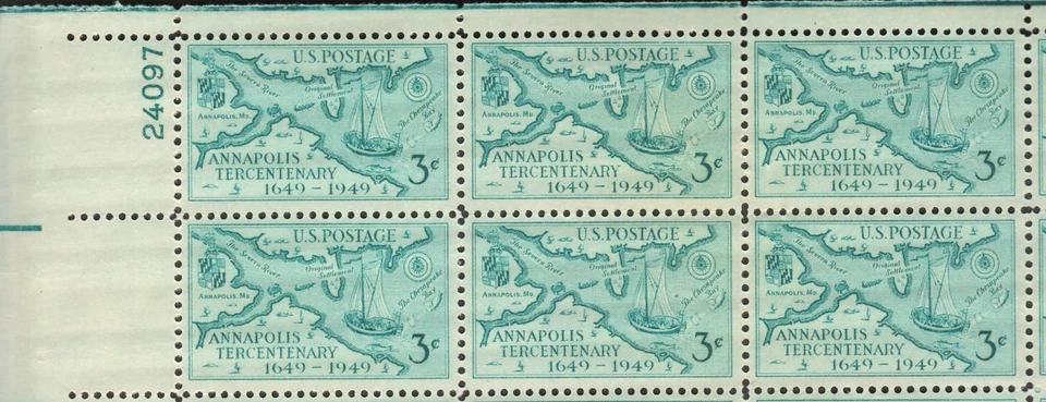 USA #984 -1949 Full Sheet of 50 Stamps Pl 24097 Annapolis Tercentenary 3¢ VF MNH - Image 4 of 4