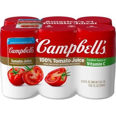 Campbell's 100% Tomato Juice, 5.5 fl oz Can (6 Pack) 33 Fl Oz (Pack of 1)