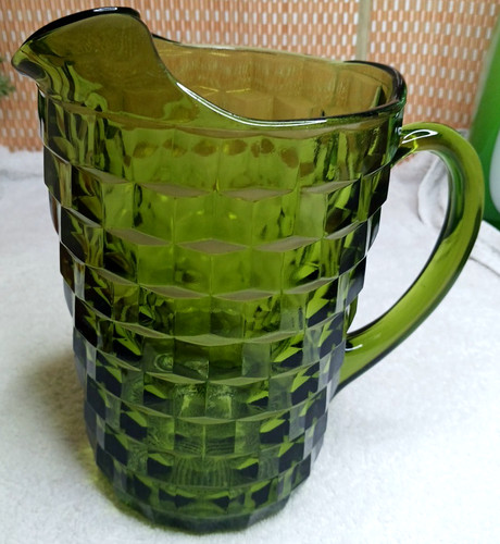 Vtg Indiana Glass Fostoria Whitehall Water Pitcher Green Cubist Glass Heavy 9x6"