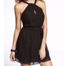 Express Metallic Halter Dress M Black Sparkle Fit Flare Belted Party Evening NEW