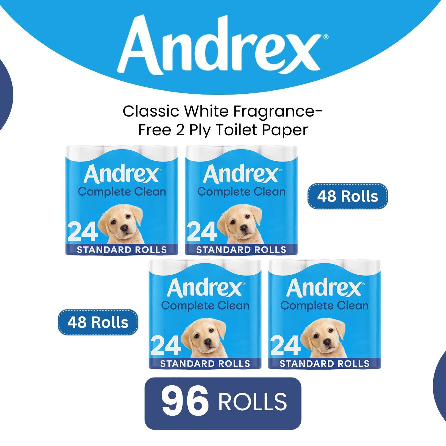 Andrex Toilet Rolls x96 Classic Clean Fragrance-Free 2 Ply Toilet Paper