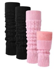 2 Pairs Winter Fleece Lined Leg Warmers for Women Warm Black,pink Cable Knit