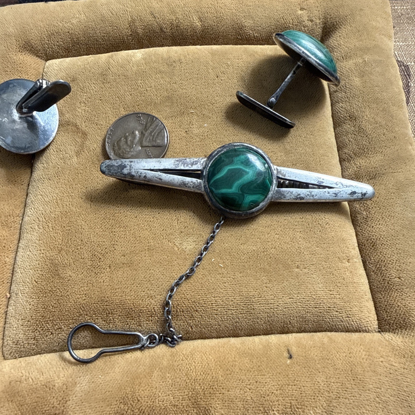 Vintage Solid Silver And Malachite Cuff Links And… - image 5