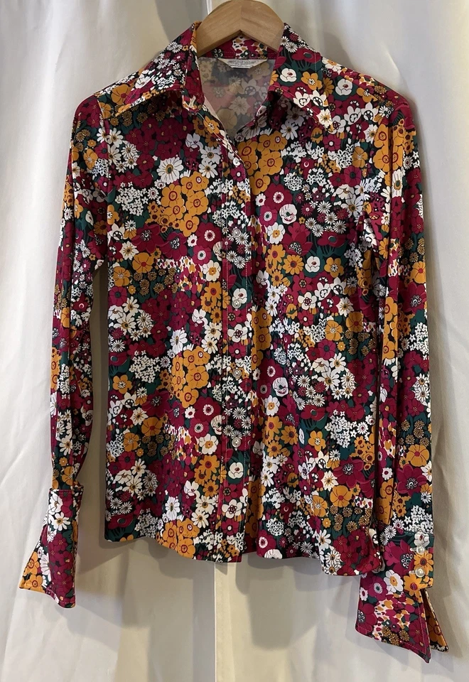 Vintage 70s Floral Groovy Floral Button Down Size 12 - Image 2 of 4