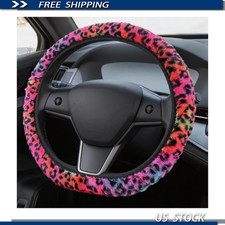 Furry Leopard Steering Wheel Cover Cute Fluffy Girly Design 14.5 To 15 D-shape