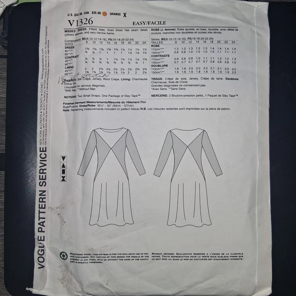 Tom and Linda Platt Vogue Sewing Pattern V1326 Misses Dress Cut to 16 - Image 2 of 2