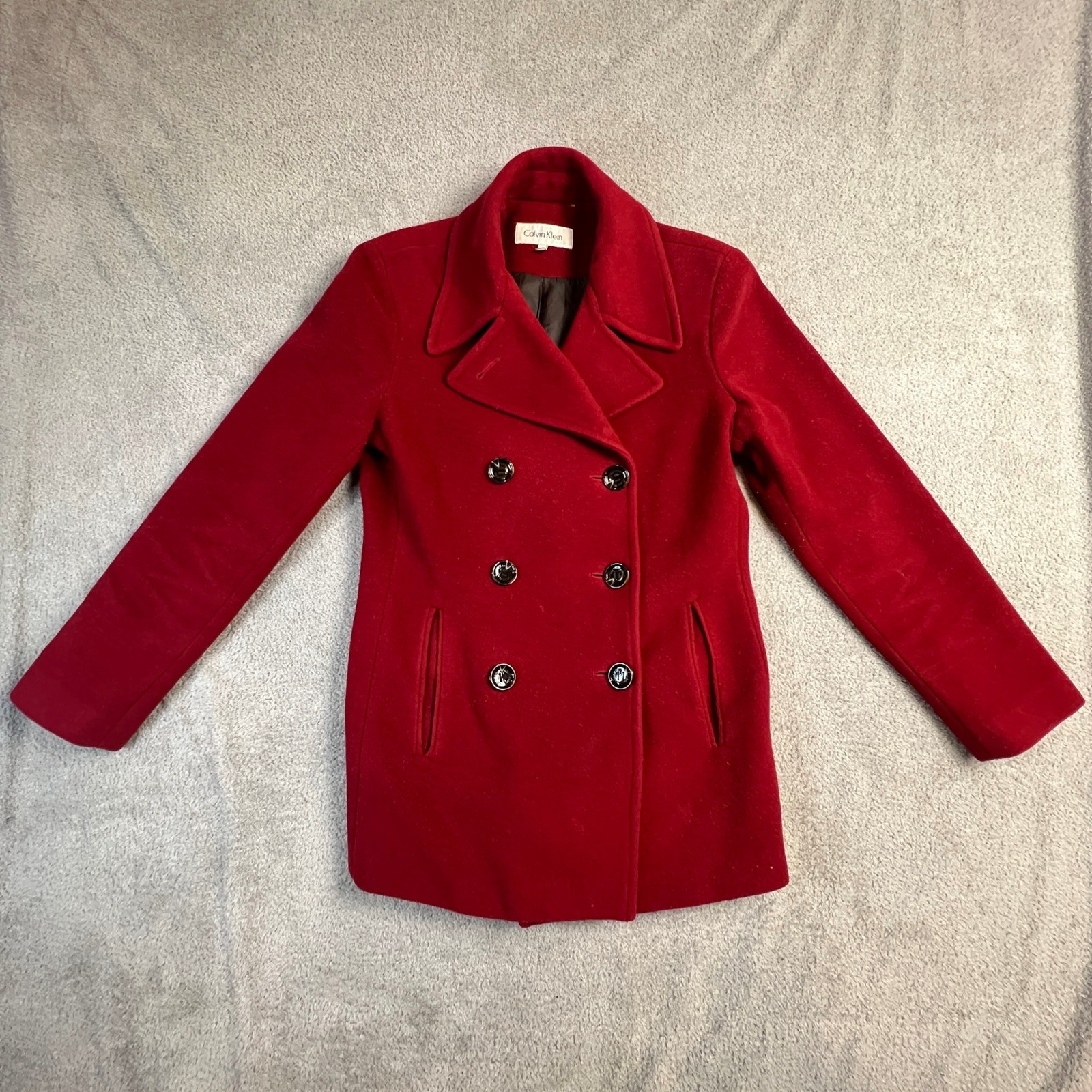 Calvin Klein Pea Coat Women's Size 4 Red Wool Cashmere Blend Double Breasted