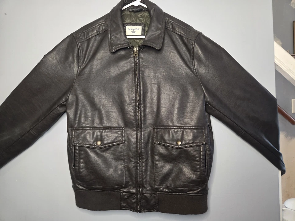 Men's Large Dockers FAUX Leather Lined Dark Brown Bomber Jacket READ - Image 2 of 4
