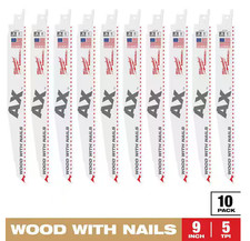 10 Milwaukee 9 5 Tpi Ax Nail-embedded Wood Cutting Sawzall Blades 48-00-5026 10 Milwaukee 9 5 Tpi Ax Nail-embedded Wood Cutting Sawzall Blades 48-00-5026