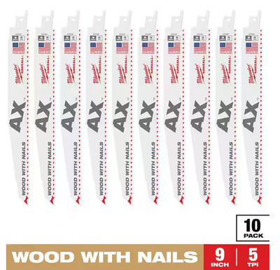 10  MILWAUKEE 9'' 5 TPI AX Nail-Embedded Wood Cutting SAWZALL Blades 48-00-5026