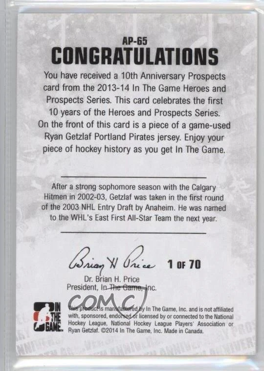 2013-14 ITG Heroes and Prospects /70 Ryan Getzlaf #AP-65 - Image 2 of 2