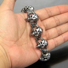 Mens HEAVY Skull Link Bracelet Gothic Rocker Stainless Steel Chain Biker Jewelry