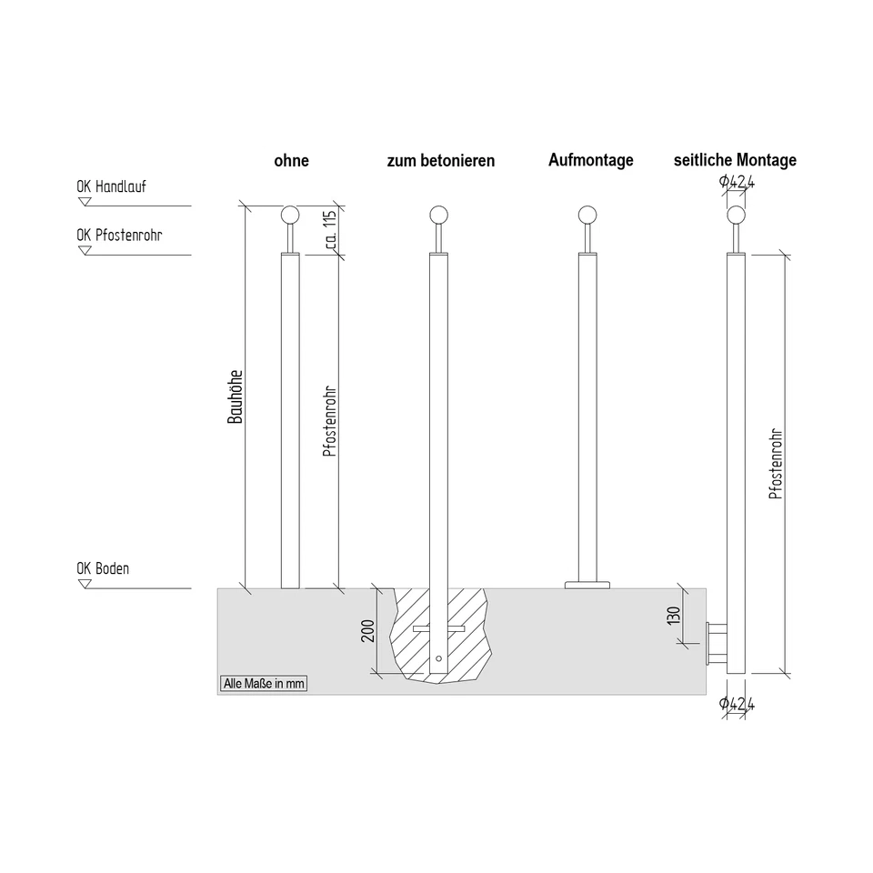 Edelstahl Pfosten Stütze V2A Handlaufhalter Aufmontage Seitenmontage Betonieren - Bild 2 von 4