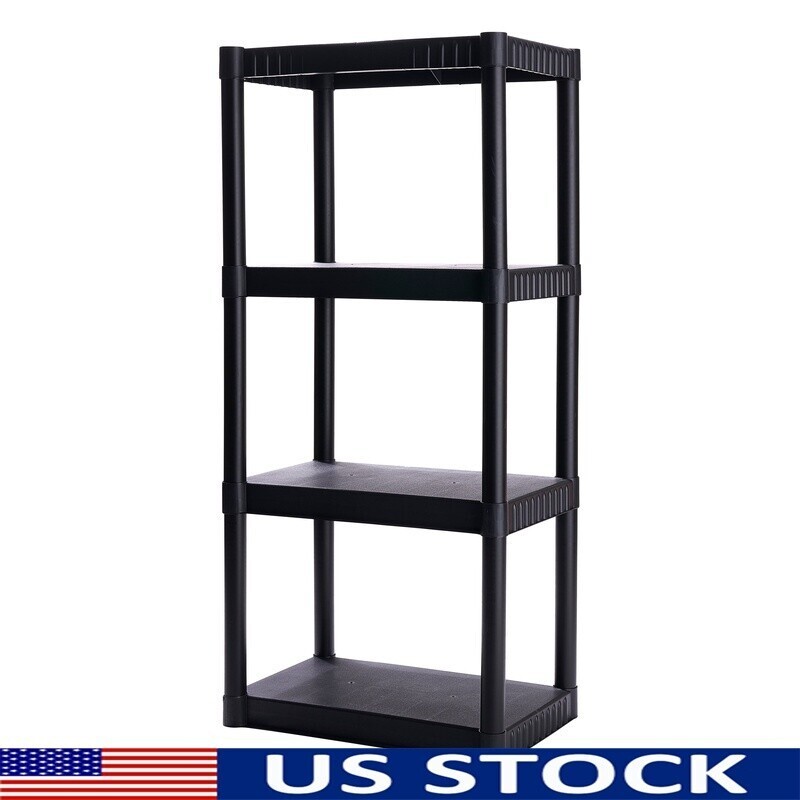 4 Shelf Heavy Duty Plastic Storage Shelves Durable 200 Lb Capacity Black Durable