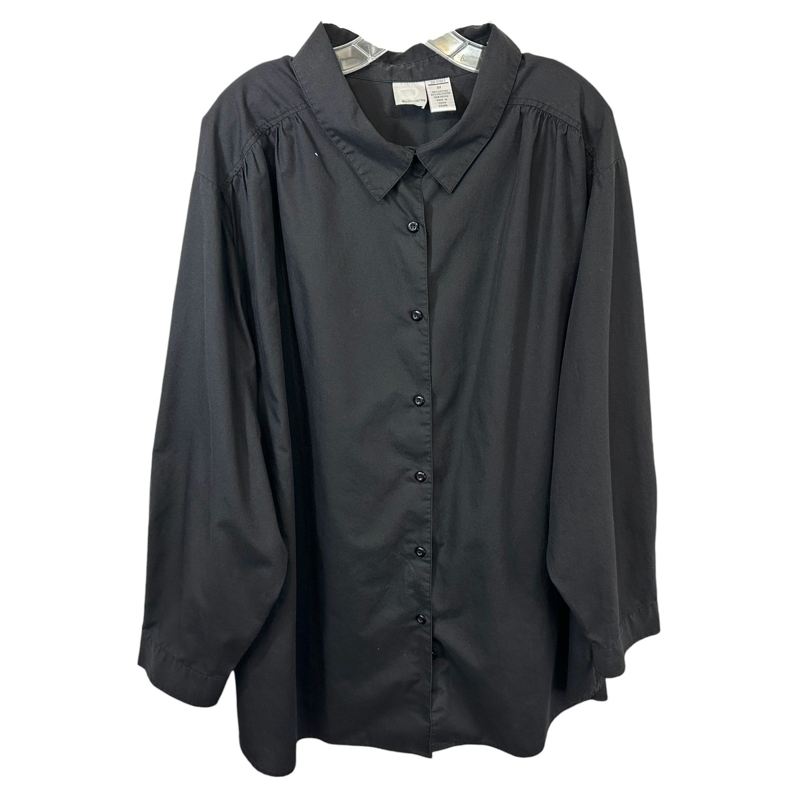 Roamans Plus Size 3X Top Solid Black Button Up Lo… - image 1